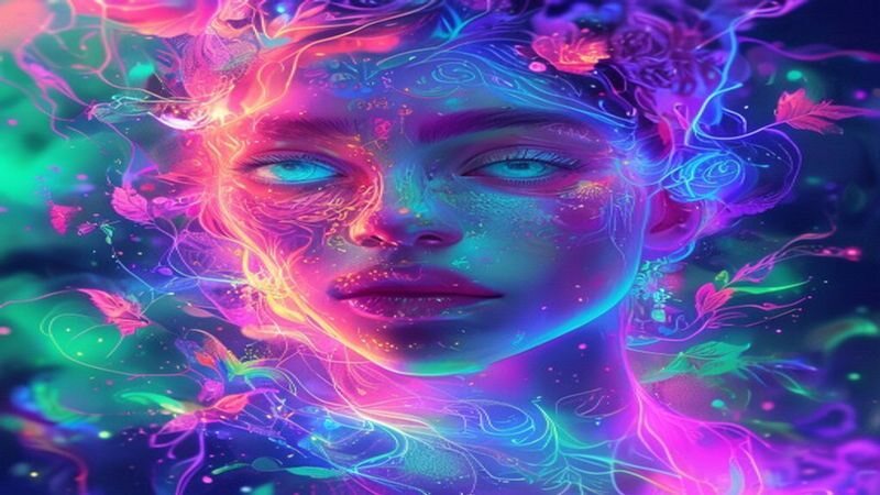 A face surrounded by violet and blue light trails
