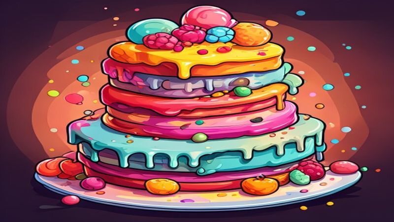 A tall layered cake covered in bright icing and fruit
