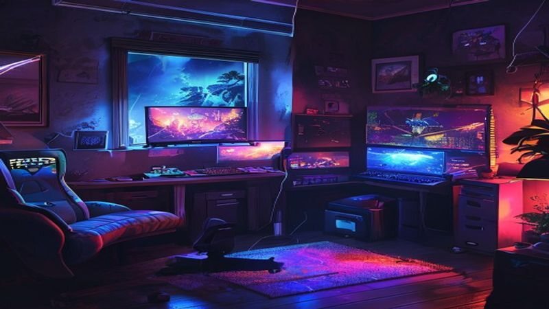 An empty gaming room with several illuminated monitors