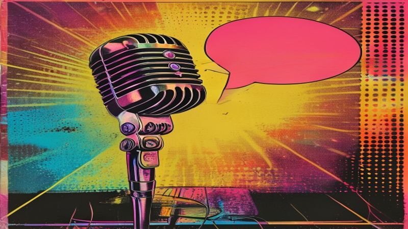 A vintage microphone beside an empty speech bubble
