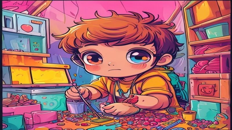 A cartoon builder working at a table in a toy-filled room