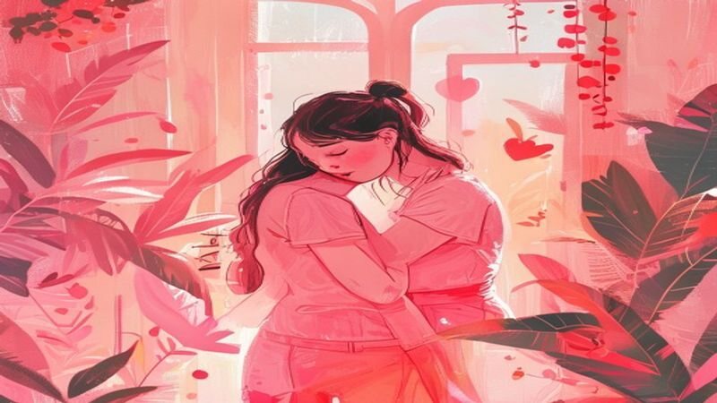 A pink-toned illustration of a seated woman by a window