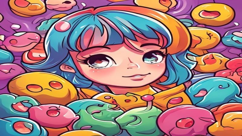 A cartoon girl surrounded by small colorful snacks