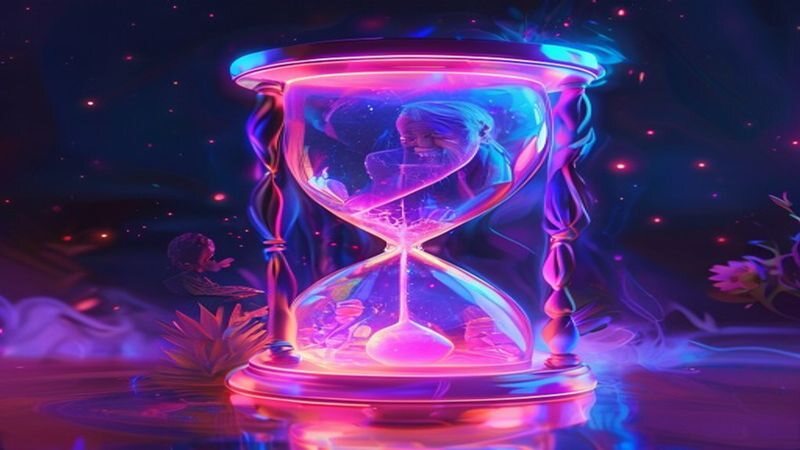 A glowing hourglass against a purple starry background