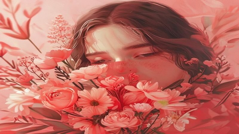 A face partly hidden behind a bouquet of pink roses