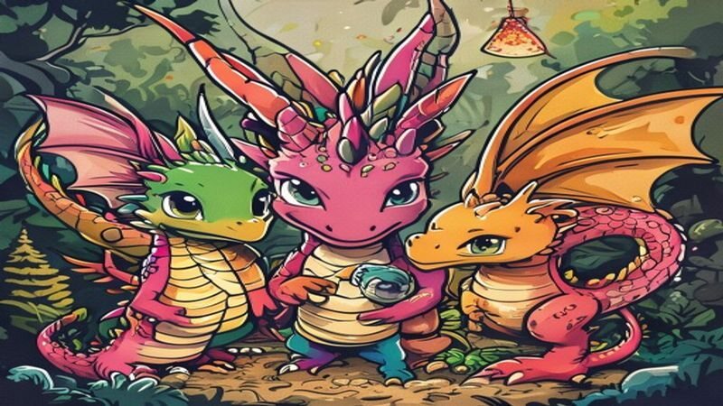 Three small colorful dragon-like creatures