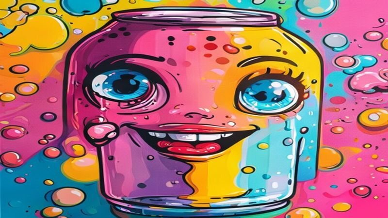 A smiling multicolored drink can