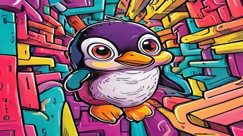 A penguin with glasses surrounded by books and maze-like lines