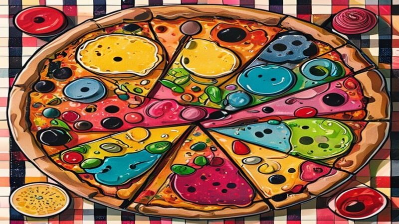 A round pizza divided into differently decorated slices
