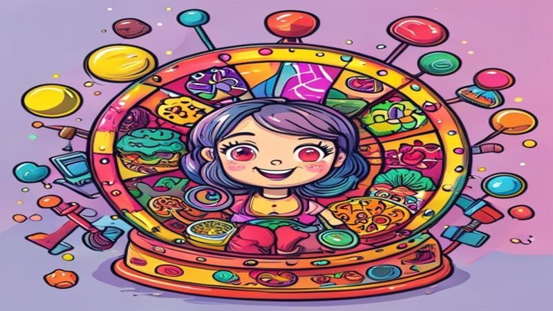 A cartoon character inside a decorative wheel