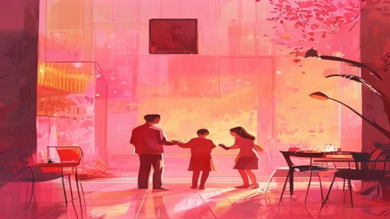 Three people in a warm cafe-like room