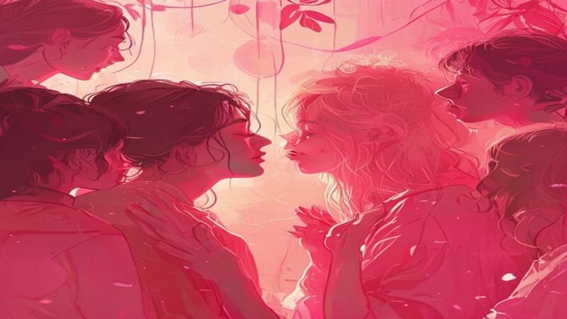 Two faces looking at one another in a rose-colored scene