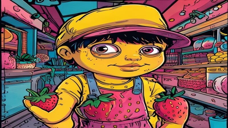 A cartoon market vendor holding baskets of strawberries