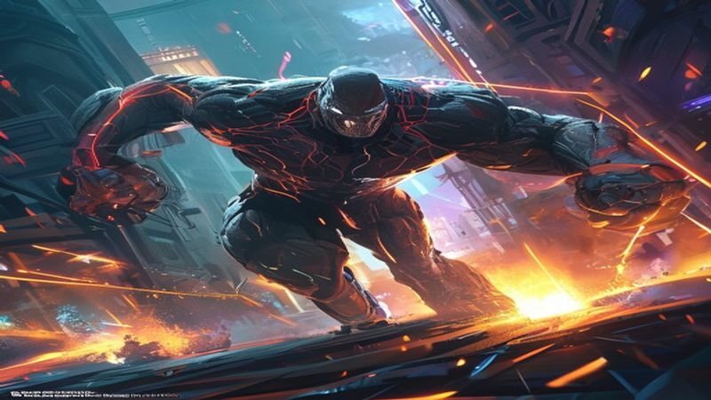 An armored game character racing through a city