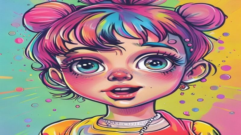 A smiling cartoon character with bright hair and large eyes