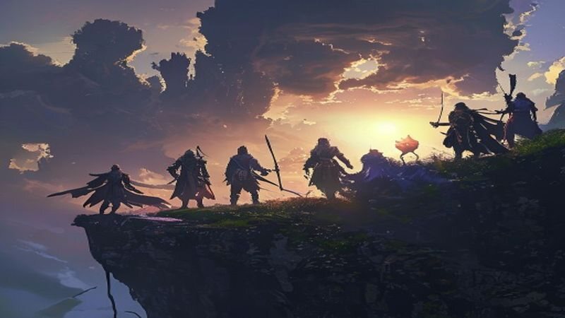 A line of fantasy adventurers on a ridge