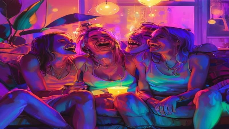 A group of friends laughing together in colorful lighting
