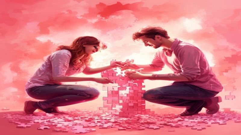 Two people sitting face to face among pink puzzle pieces