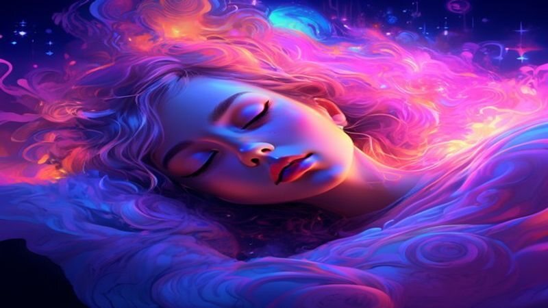 A sleeping face surrounded by blue and violet light