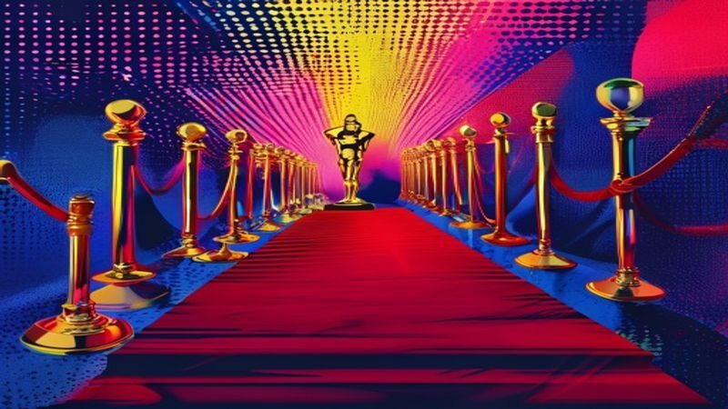 A red carpet between gold stanchions