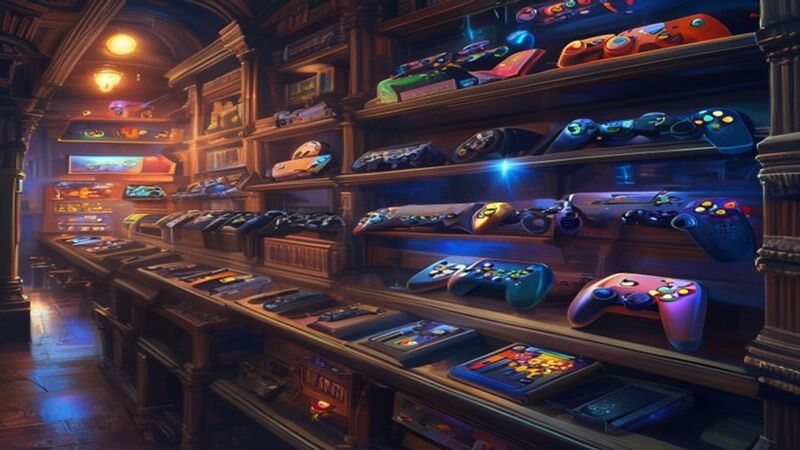 Shelves filled with game controllers and consoles