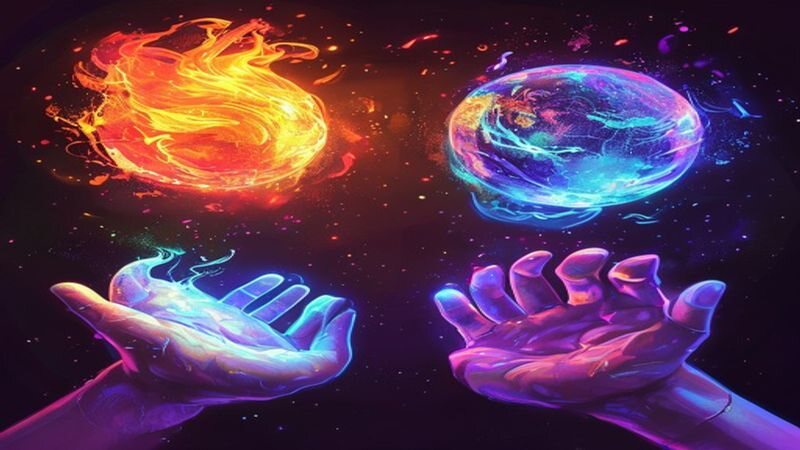 Two hands below glowing fire and water spheres