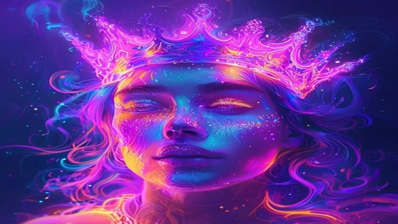 A face with a crown of colorful light