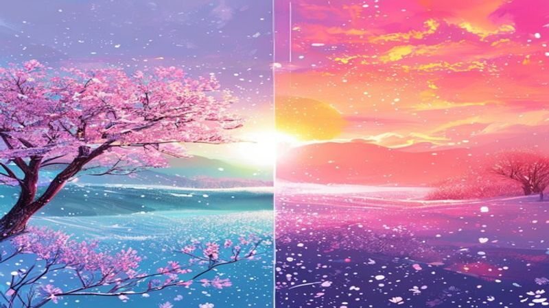 A landscape divided between blossoms, sunlight and snow