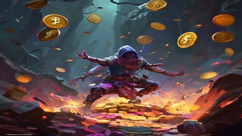 A game-like figure surrounded by falling gold coins