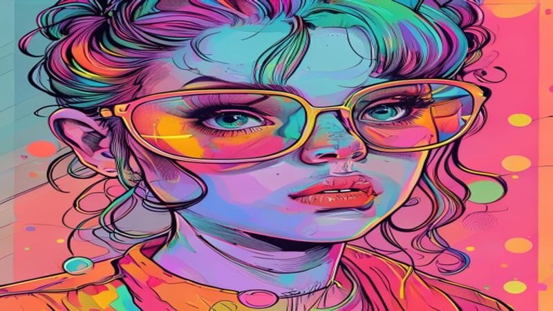 A pop-art portrait with glasses and a hand near the face